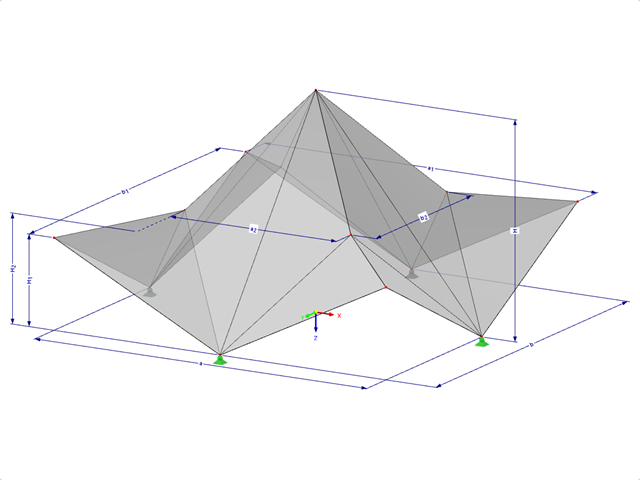 Modelo 000530 | FPC011 | Sistemas de estructuras plegadas prismáticas. Superficies plegadas en cruz que se extienden diagonalmente sobre un plano de planta rectangular, crestas que se elevan hacia el centro con parámetros