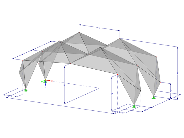 Modelo 000546 | FPL122 | Sistemas de estructuras plegadas prismáticas. Sistema de estructura lineal compuesto por superficies plegadas. Marco de tres bisagras: Plegado de cumbreras con parámetros