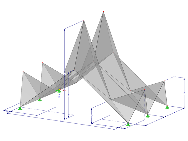Modelo 000547 | FPL123 | Sistemas de estructuras plegadas prismáticas. Sistema de estructura lineal compuesto por superficies plegadas. Marco en A de dos bisagras: Plegado de cresta a valle con parámetros