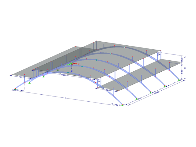 Modelo 003713 | AS004 | Estructuras en arco | Arcos parabólicos que soportan la estructura de cubierta horizontal en la parte superior con parámetros