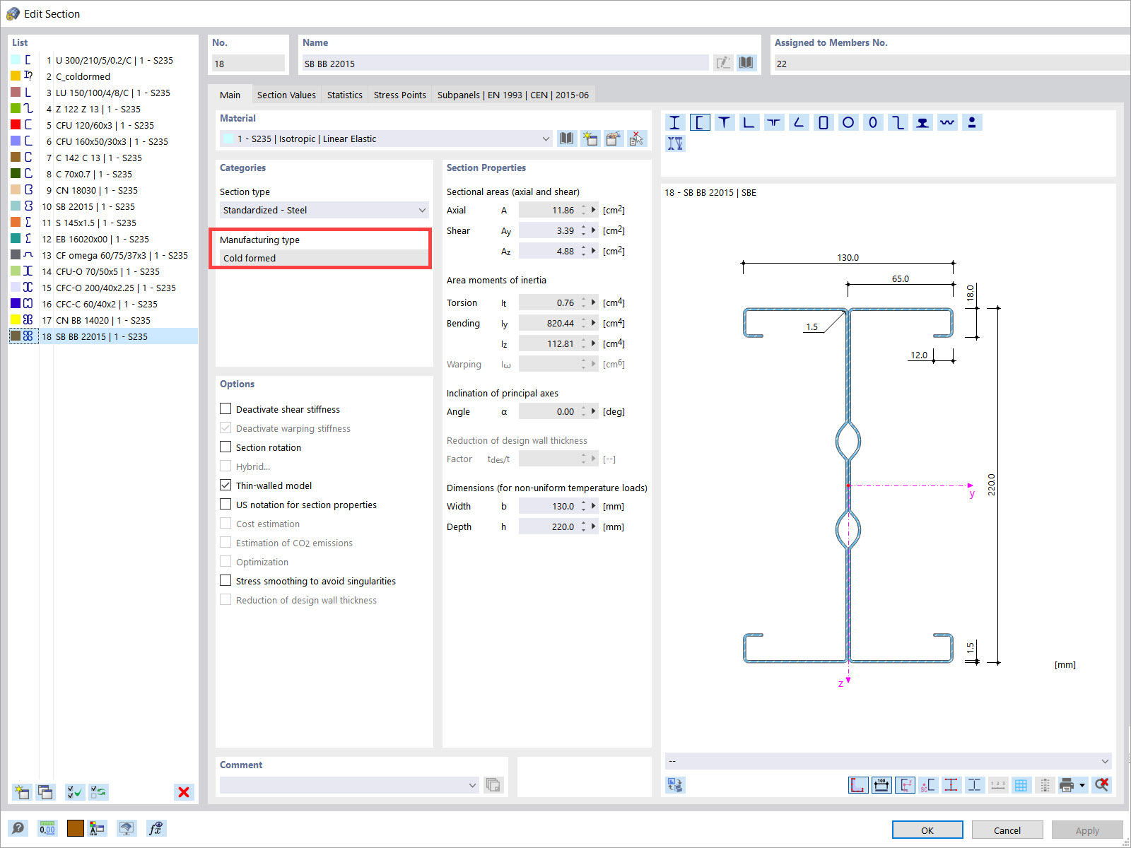 Tipo de fabricación de sección "conformada en frío"