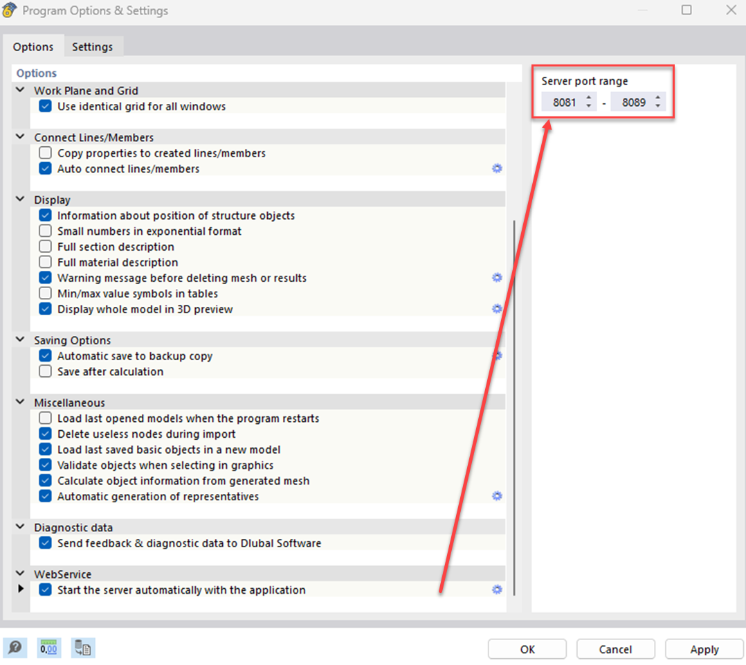 Intervalo de puertos de servidor del servicio web en RFEM 6