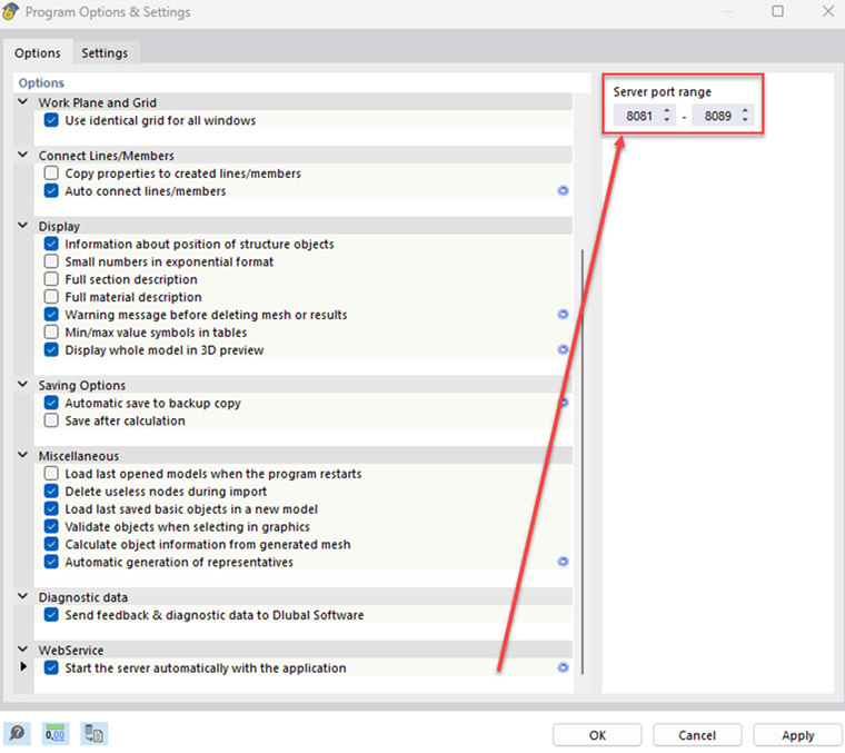 Intervalo de puertos de servidor del servicio web en RFEM 6