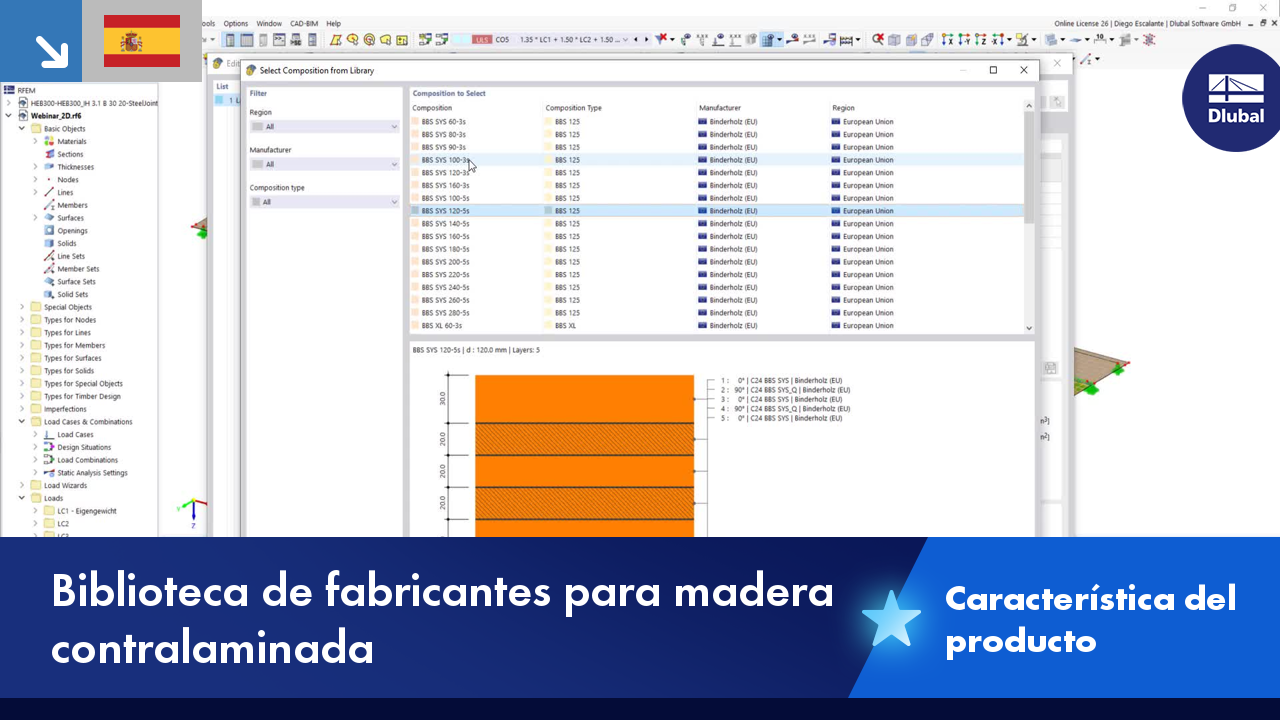 Vista detallada de la biblioteca de fabricantes de madera contralaminada con propiedades específicas de materiales