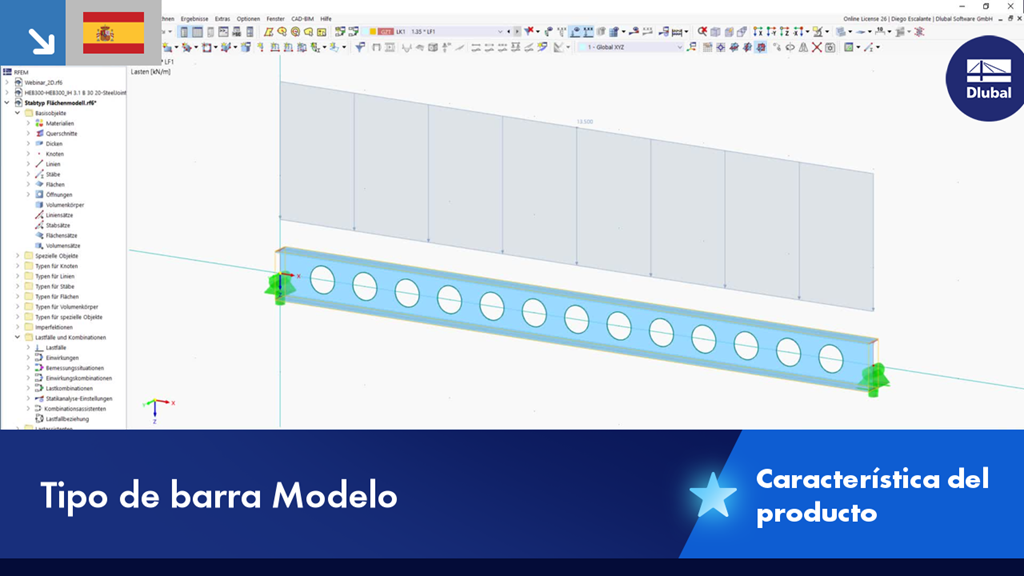 Modelo de superficies como tipo de barra en el análisis estático, visualizado en vista 3D.