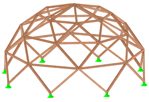 Modelo de cúpula geodésica con subdivisiones triangulares analizado con RSTAB para evaluación estructural