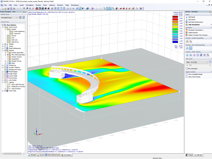 Simulación de flujo de viento en la estructura de un puente