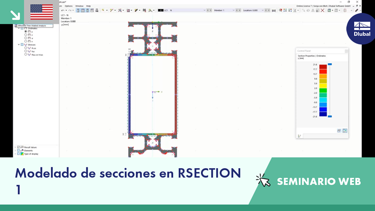 Vista en 3D de un proceso de modelado de secciones en el seminario web RSECTION 1, mostrando el análisis de secciones estructurales.