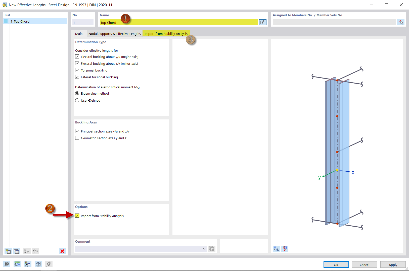 Cree la longitud de pandeo de los cordones superiores