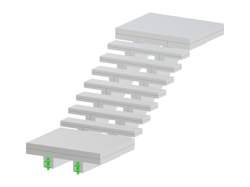 Modelo estructural de una escalera de un solo tramo con viga espina central doble, diseñada con losas de descanso inferior y superior para lograr estabilidad y valor estético.