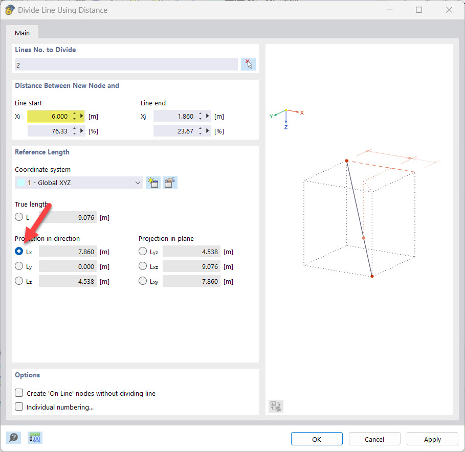 Cuadro de diálogo "Dividir línea por distancia"