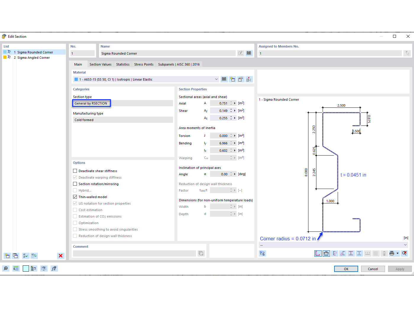 KB 001841 | Diseño de acero conformado en frío AISI usando sección personalizada en RFEM 6