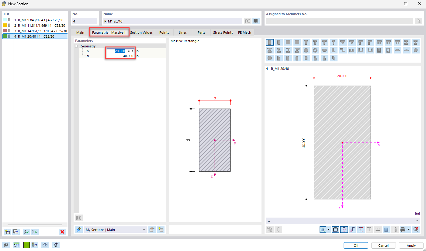 Mostras las dimensiones de la sección de un solid de sección rectangular