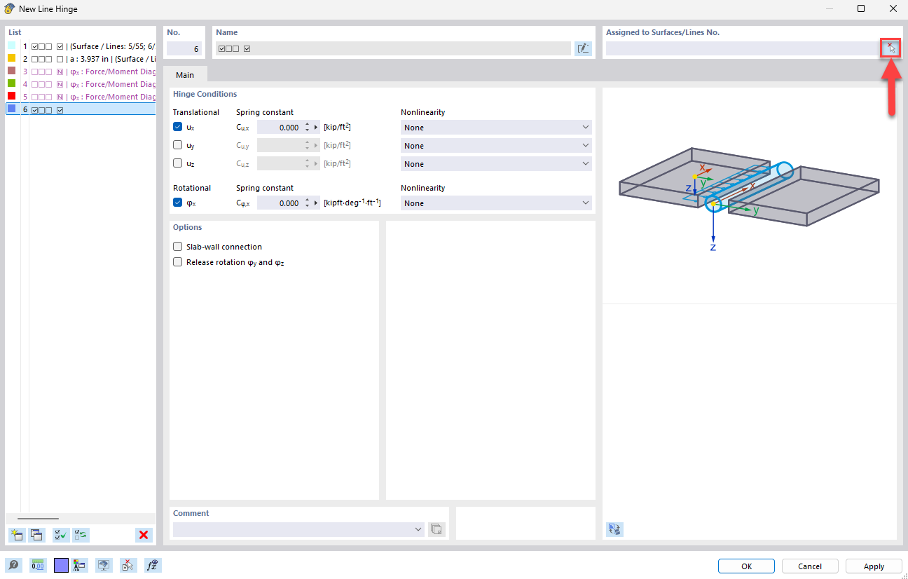 Interfaz de usuario con ventana de diálogo para la configuración de una articulación en línea con opciones de edición y ajustes de parámetros.