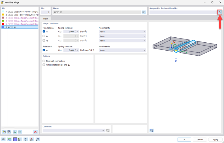 Interfaz de usuario con ventana de diálogo para la configuración de una articulación en línea con opciones de edición y ajustes de parámetros.