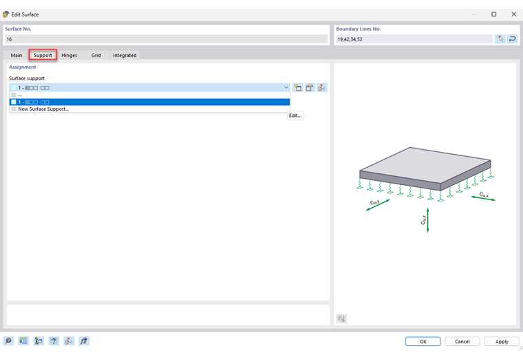 Menú de selección para soportes de superficie en software de ingeniería estructural para modelar apoyo de superficies.