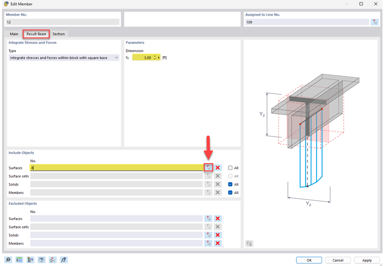 Barra de resultados para la configuración de parámetros de superficies en un software de análisis. Илlustra la definición de superficies específicas en un modelo digital para examinar propiedades estructurales.