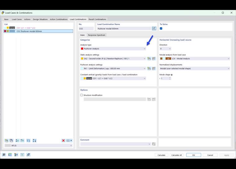 Combinación de cargas de análisis pushover