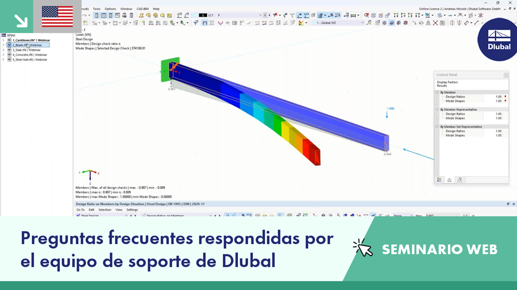 Seminario web informativo respondiendo preguntas comunes por el equipo de soporte de Dlubal, enfocado en el uso del software y la asistencia técnica.