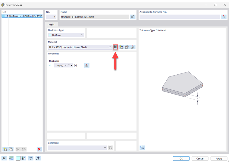 Interfaz de usuario para introducir un nuevo espesor de material en un software de construcción con parámetros.