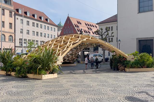 Cáscara de celosía de madera "Moritzplatz Demonstrator" en Augsburgo, Alemania | © Digital Timber Construction DTC, TH Augsburg
