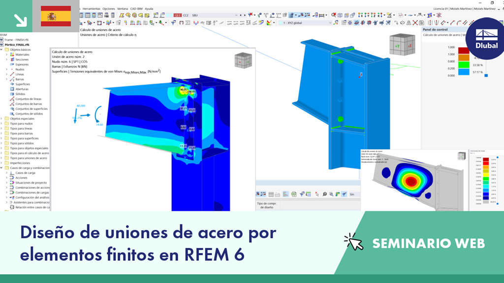 Modelo de análisis de uniones de acero utilizando elementos finitos en RFEM 6.