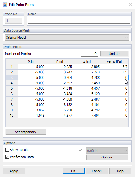 Editar sonda de punto, datos de verificación
