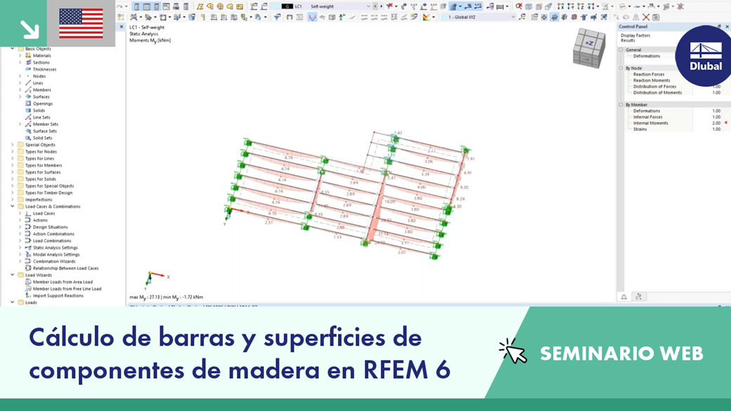 Seminario web que ilustra el proceso de cálculo para barras y superficies de madera en el software RFEM 6.