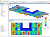 Representación de las deformaciones de un forjado de madera contralaminada en el análisis estructural. Se visualizan detalladamente los puntos de carga.
