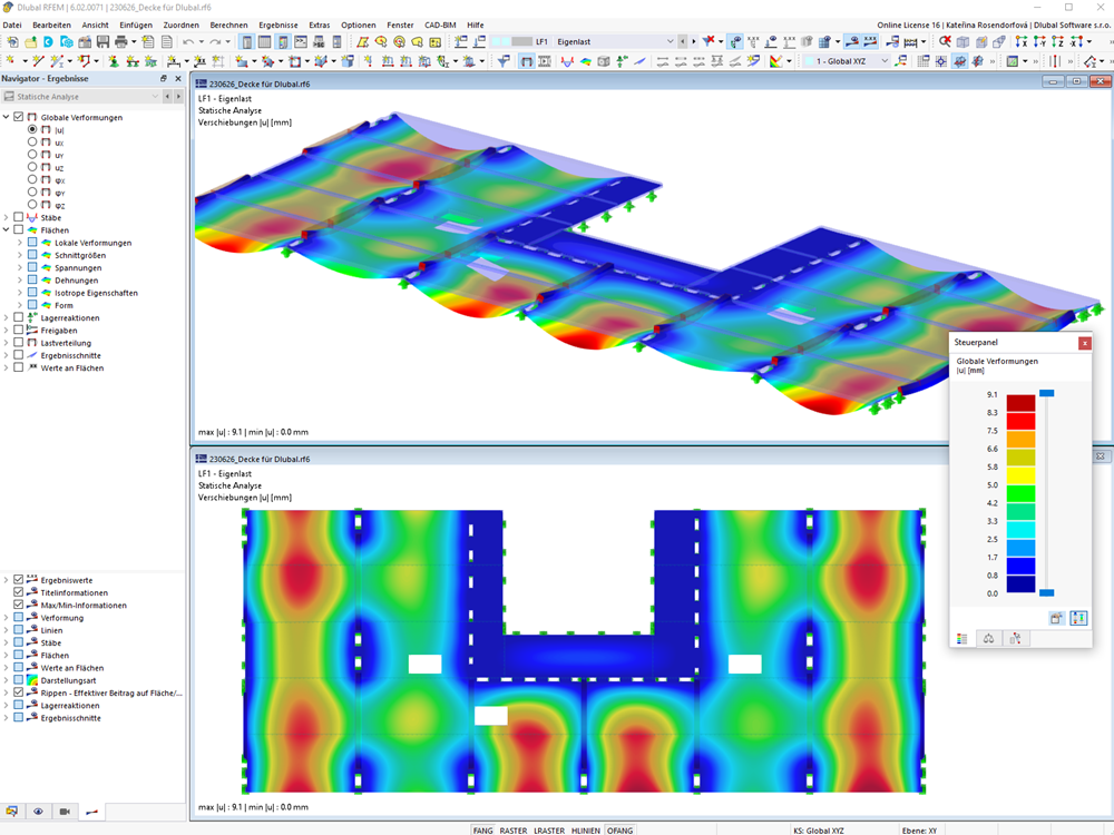 Representación de las deformaciones de un forjado de madera contralaminada en el análisis estructural. Se visualizan detalladamente los puntos de carga.