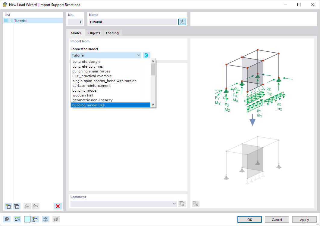 Cuadro de diálogo 'Nuevo asistente para cargas | Importar reacciones en apoyo"