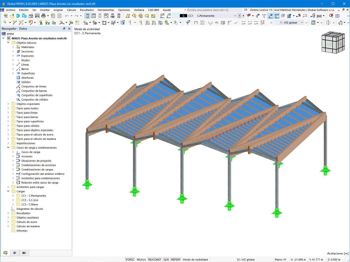Modelo en RFEM de la cubierta en plaza de Anoeta