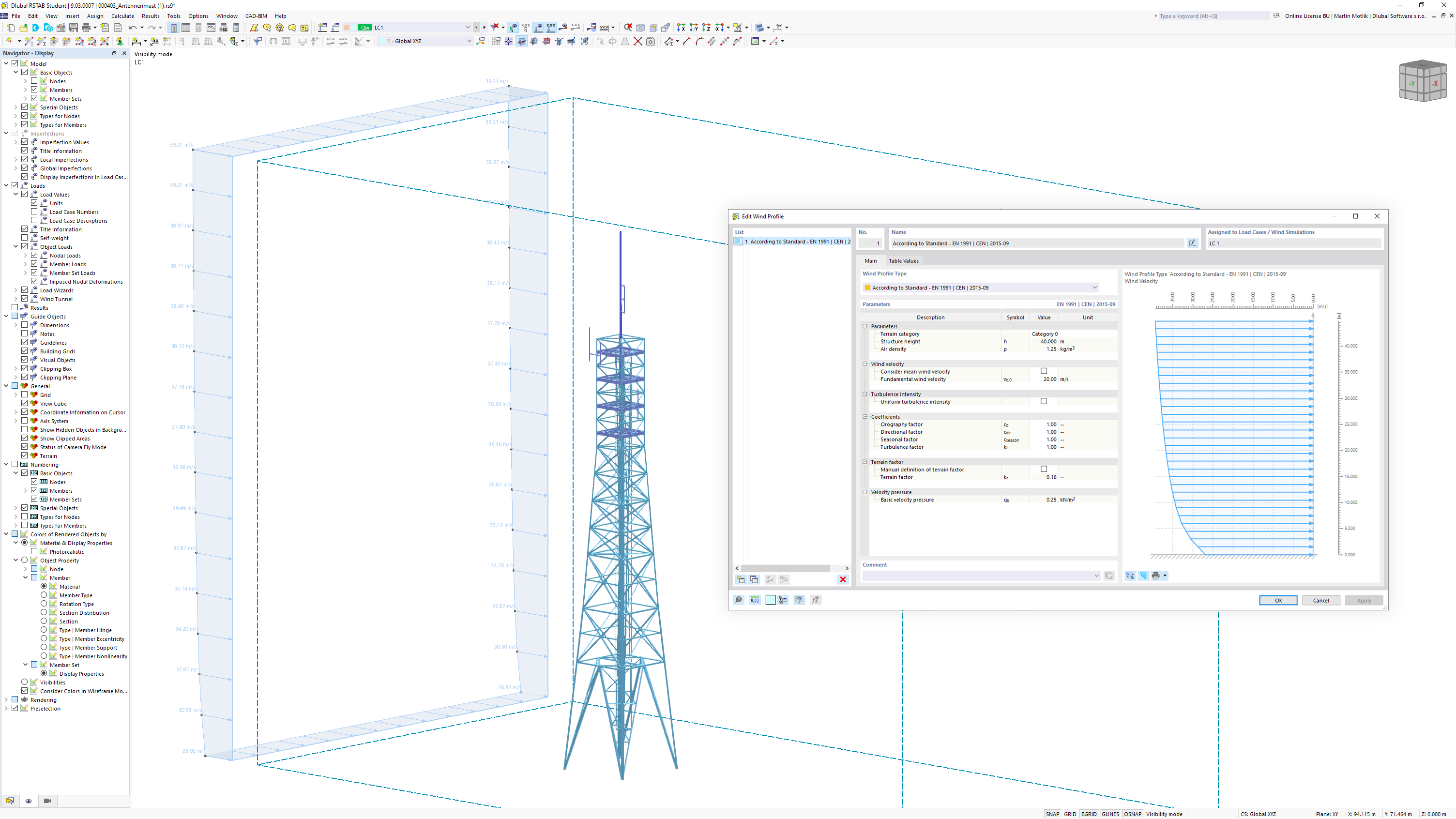 Mástil de antena de acero en túnel de viento, creado en RSTAB 9