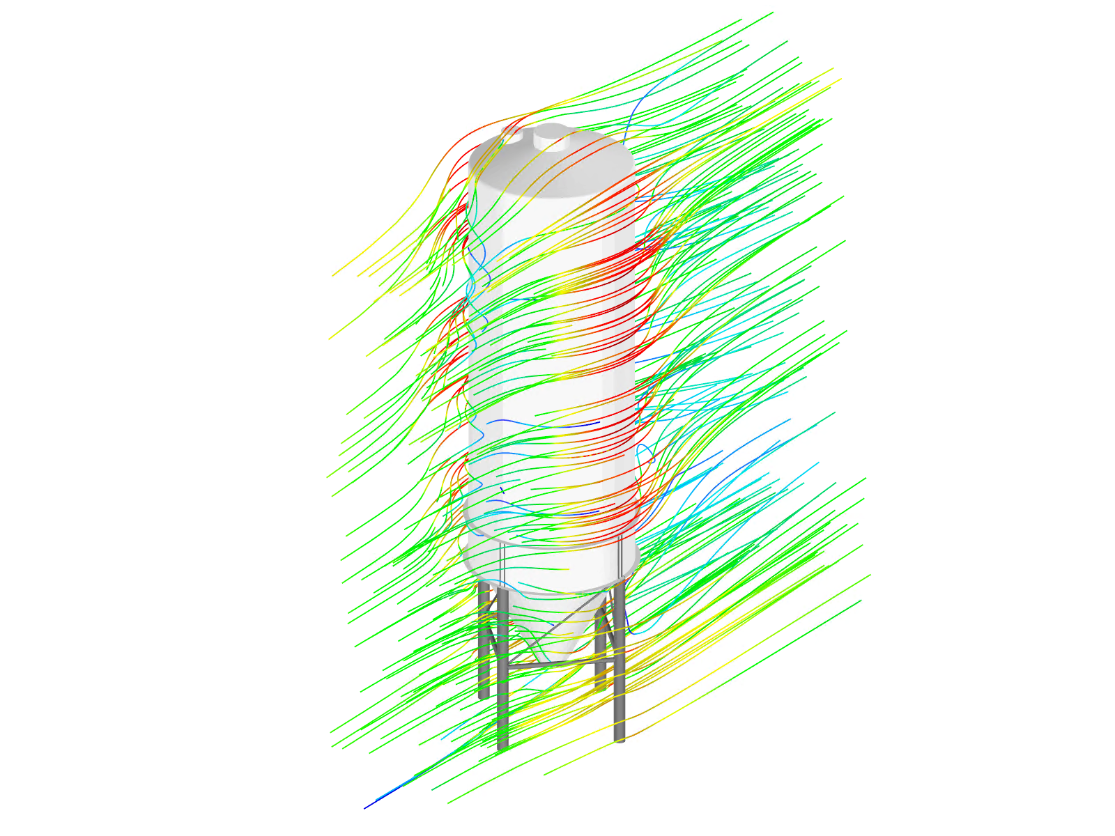 Modelo de silo en RWIND con líneas de flujo que ilustran la dirección del movimiento de un elemento fluido intangible