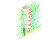 Modelo de silo en RWIND con líneas de flujo que ilustran la dirección del movimiento de un elemento fluido intangible