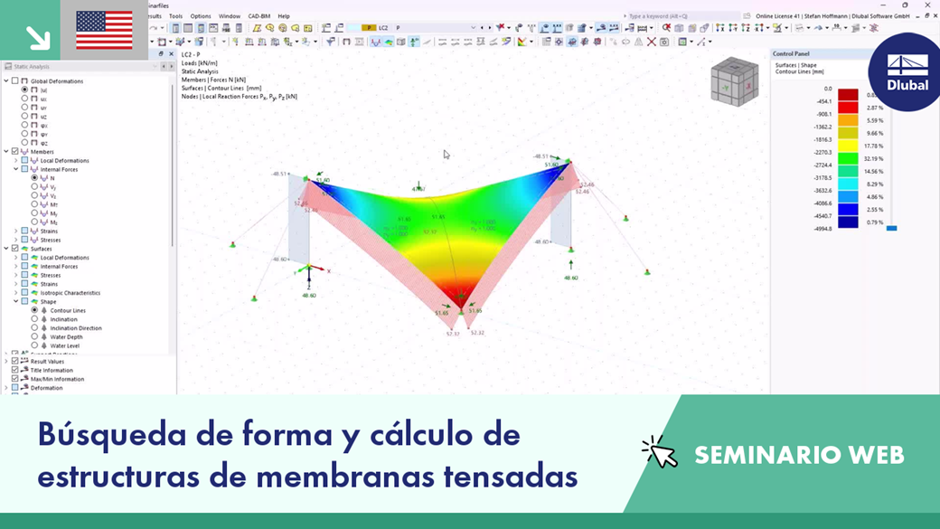 Un vistazo detallado al proceso de búsqueda de forma y cálculo para estructuras de membrana tensada utilizando herramientas avanzadas de cálculo de RFEM 6.