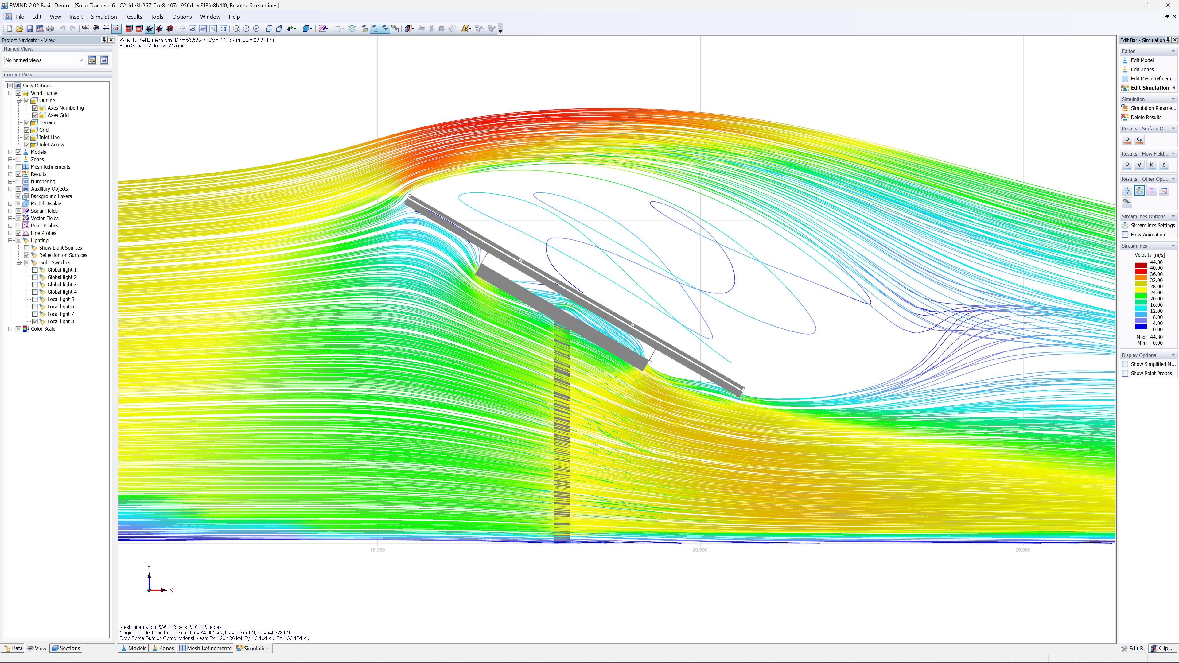 Simulación de flujo de viento en estructura de colector solar en RWIND
