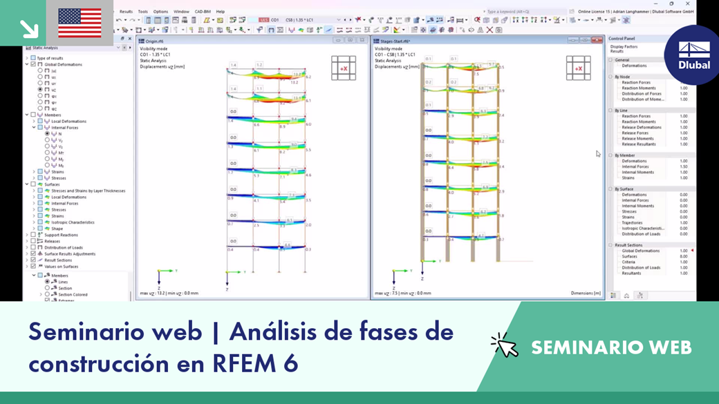 Tablero de análisis de fases de construcción mostrando caminos de carga estructural en RFEM 6.