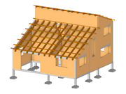 Modelo de edificio de mampostería con cimientos de hormigón armado cargado en el software RFEM para análisis estructural.