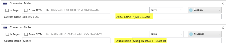 Material de Dlubal y nombre de la sección en las tablas de conversión de Revit y Tekla