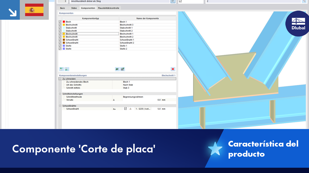 Detalles de una sección de perfil de acero con dibujo técnico y elementos de conexión