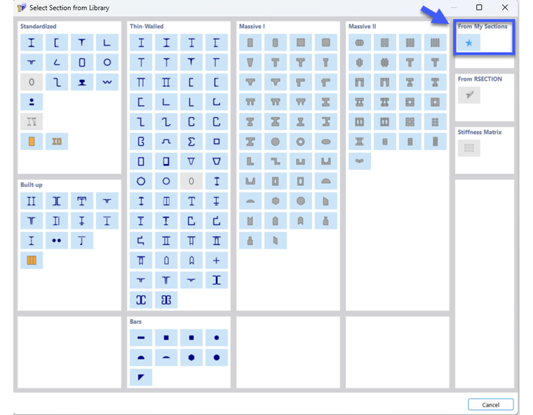 Abrir secciones transversales preferidas en la biblioteca