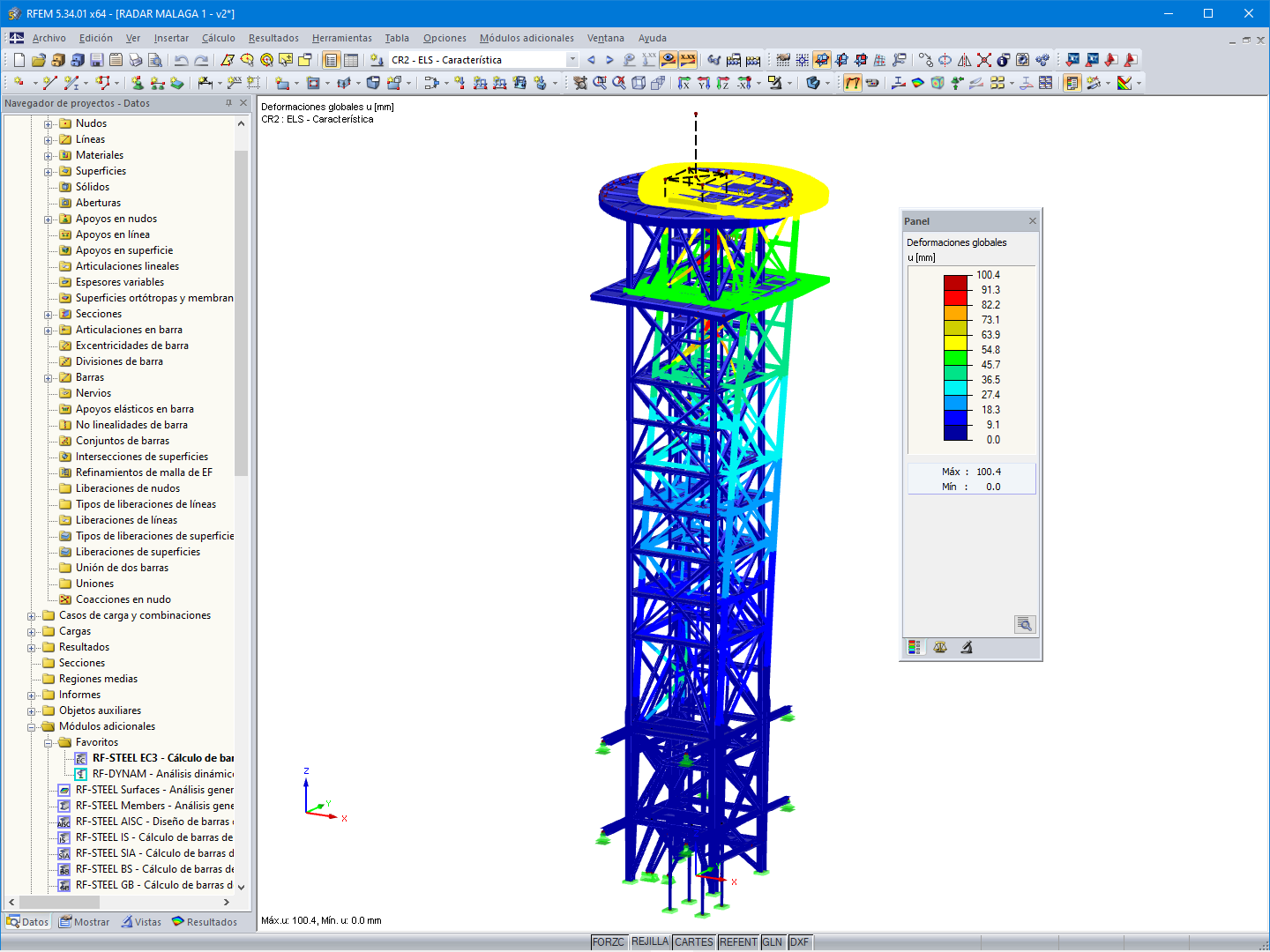 Modelo de RFEM con deformaciones globales en ELS (© SAQQARA Ingeniería)