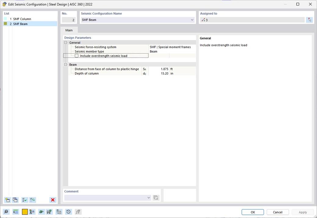 La pantalla de entrada muestra la configuración sísmica para un análisis de diseño de acero, detallando factores sísmicos y criterios.