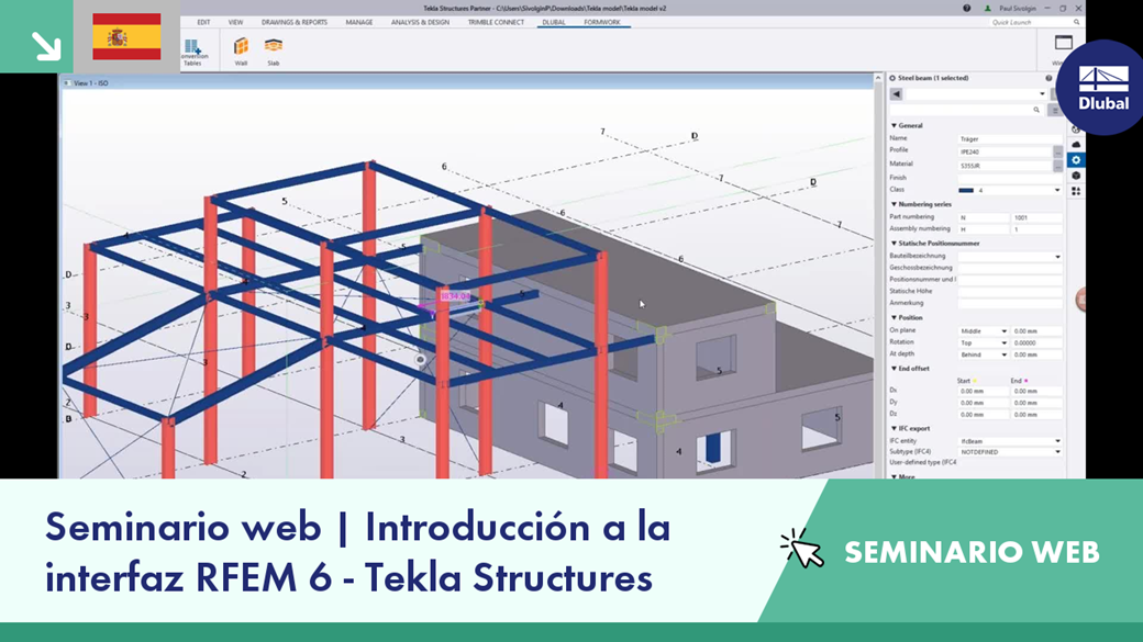 Integración de interfaz de RFEM 6 con Tekla Structures demostrada en un seminario web centrado en la colaboración entre plataformas.