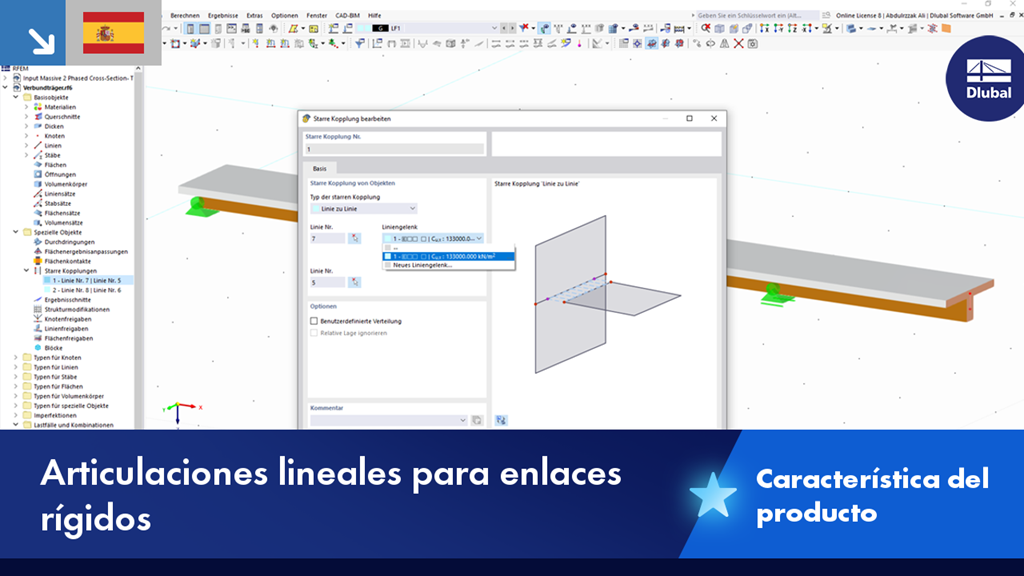 Visualización de articulaciones de línea utilizadas para el acoplamiento rígido de componentes