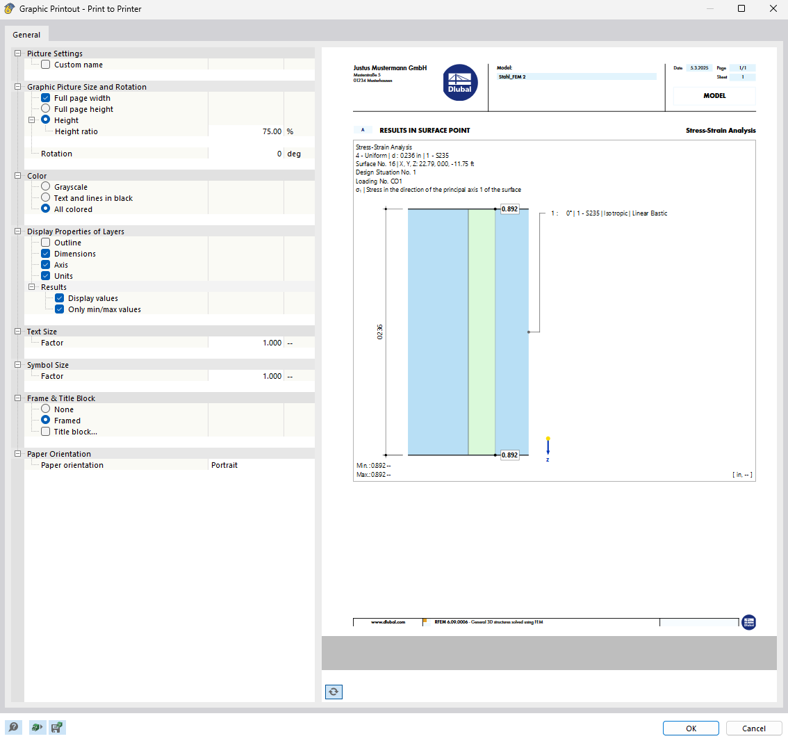 Impresión de las distribuciones de tensiones en el informe