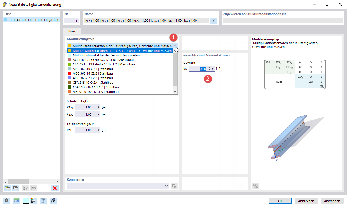 Crear modificación de rigidez de barra con factor de peso cero