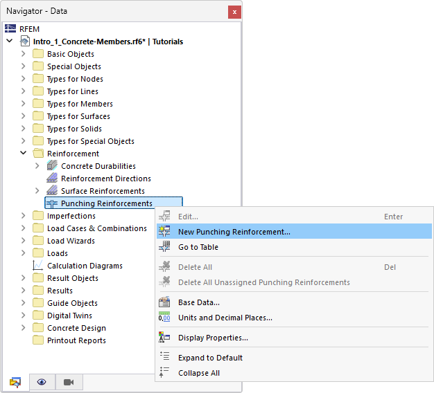 Definición de armadura de punzonamiento mediante el menú contextual del Navegador