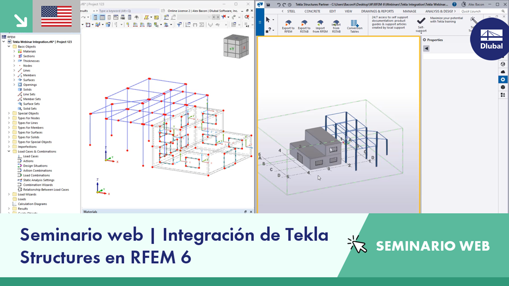 Integración de Tekla Structures con el software RFEM 6 en una presentación de seminario web detallado.